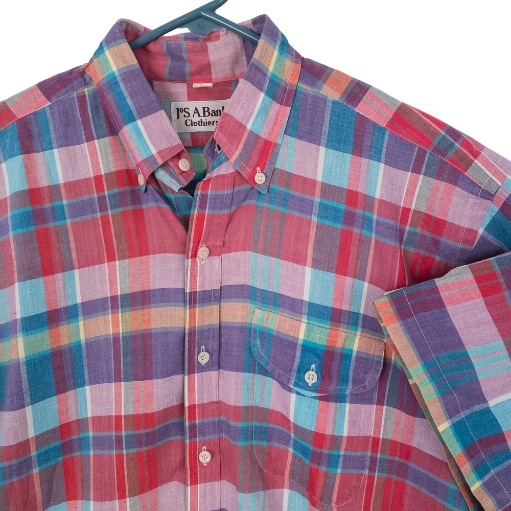 Jos. A. Bank Button Down Mens Medium Multicolor Plaid Hand Loom Madras Cotton